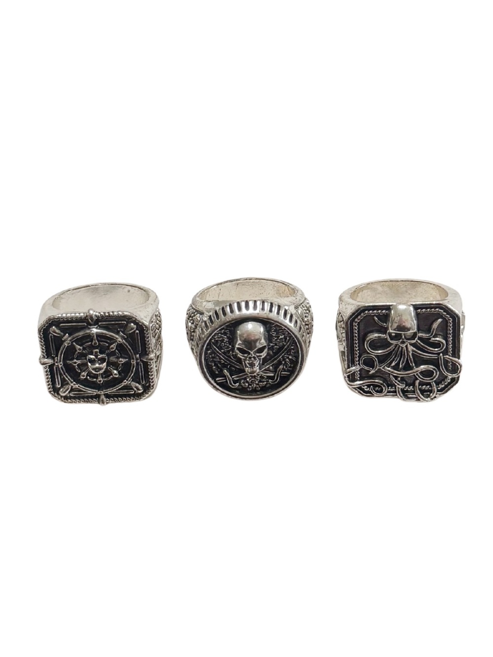 Silver Tone Costume Jewelry Skull & Nautical Signet Ring Set Size OS GUC